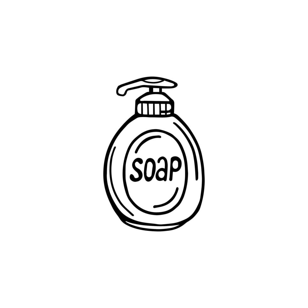 emballage dessiné à la main avec du savon liquide, isolé sur fond blanc. illustration vectorielle dans le style doodle. savon naturel, produits de toilette, conception pour impression, publicité, affiches, catalogues vecteur