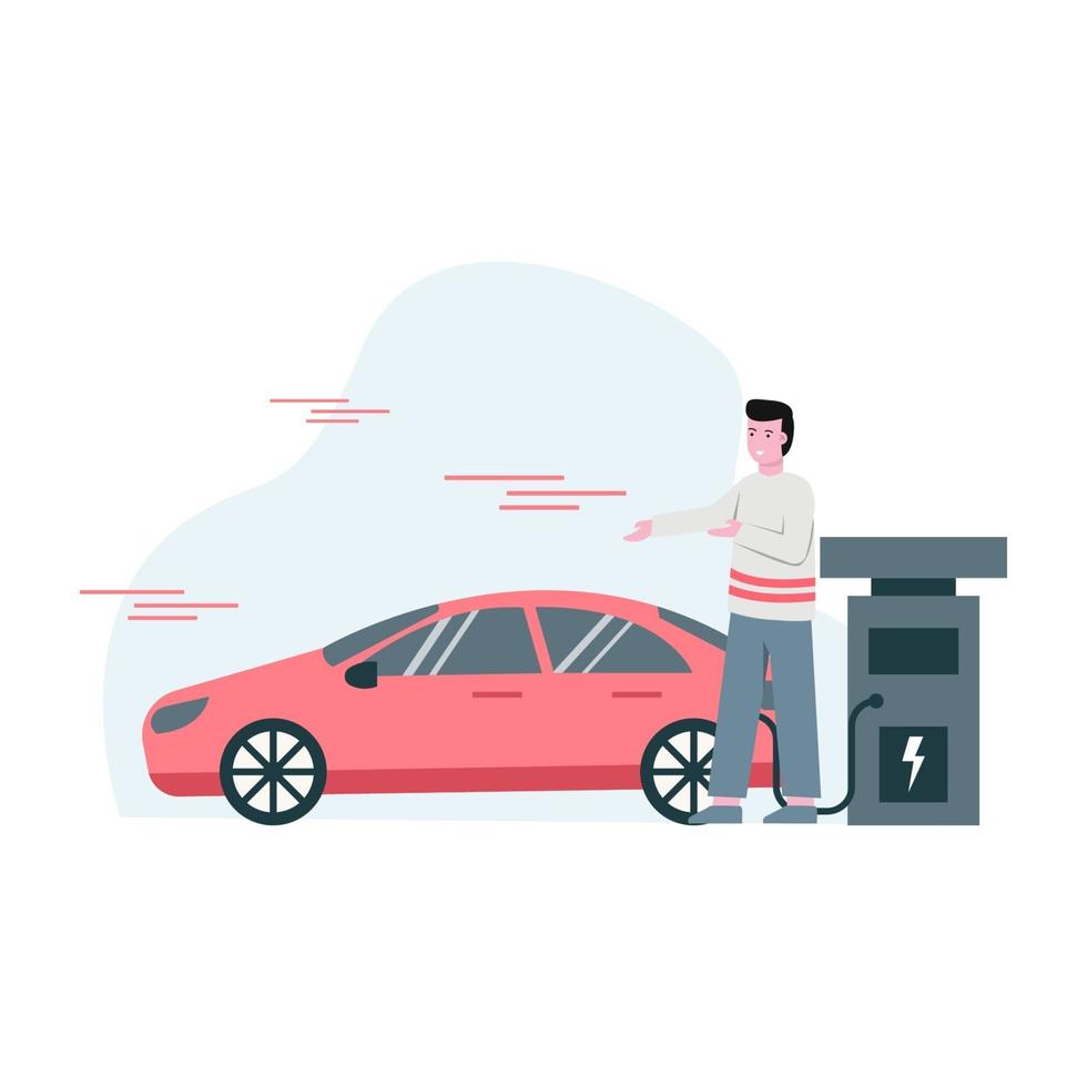 illustration vectorielle plane de quelqu'un chargeant une voiture électrique respectueuse de l'environnement vecteur