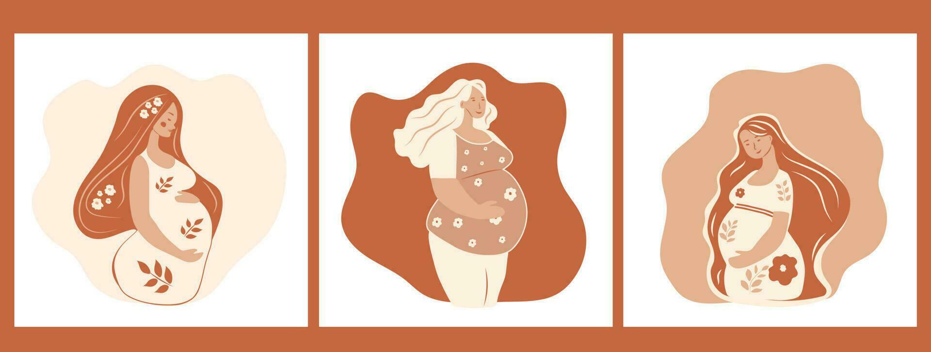 ensemble de Trois portrait de magnifique Jeune Enceinte femmes. concept de grossesse et maternité. plat vecteur illustration.