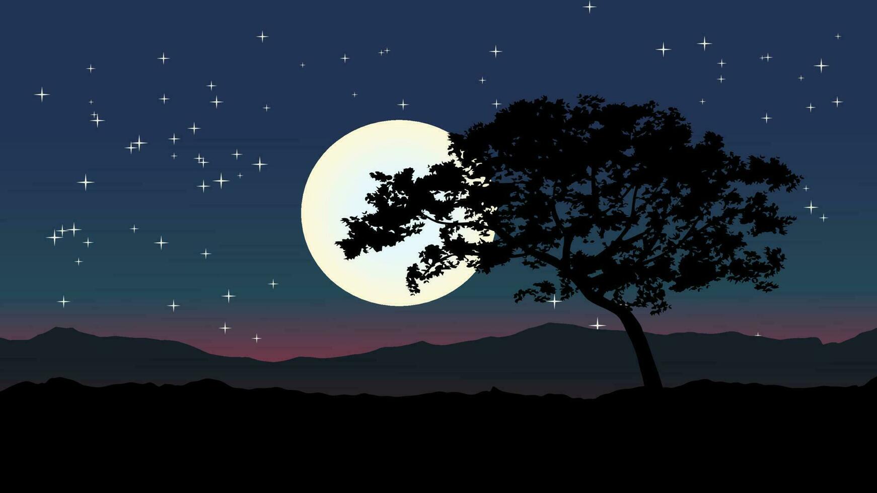 vecteur nuit scène illustration avec silhouette de une arbre, plein lune et étoiles