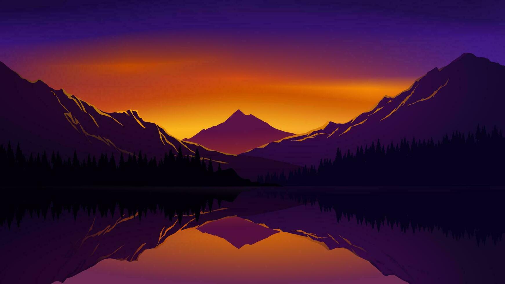 vecteur le coucher du soleil illustration avec Lac et Montagne et collines dans Contexte
