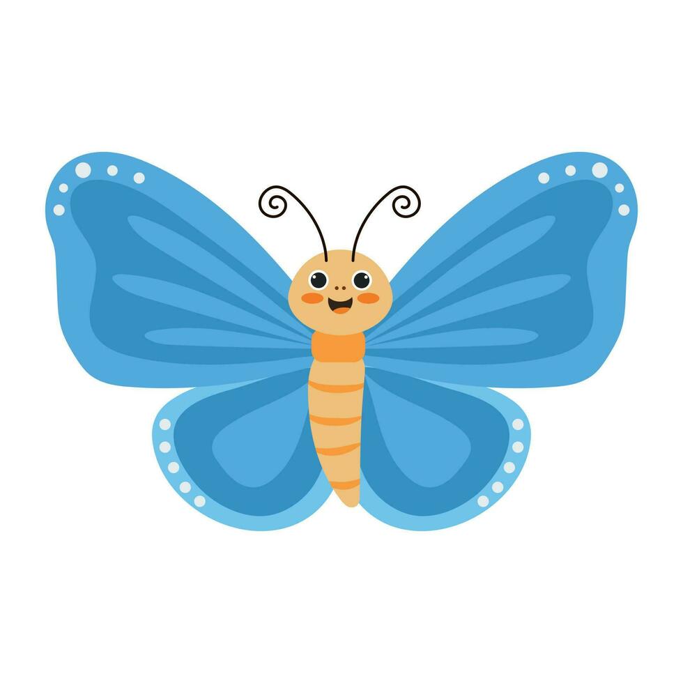 plat illustration de une coloré de bonne humeur papillon avec bleu ailes sur une blanc Contexte. vecteur