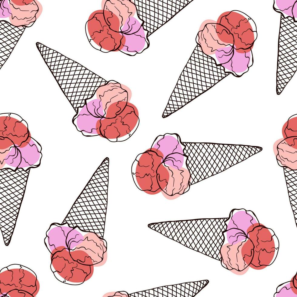 griffonnage main tiré mignonne la glace crème dans une cône avec rose, rouge, lilas des balles dans une sans couture modèle sur une blanc Contexte vecteur