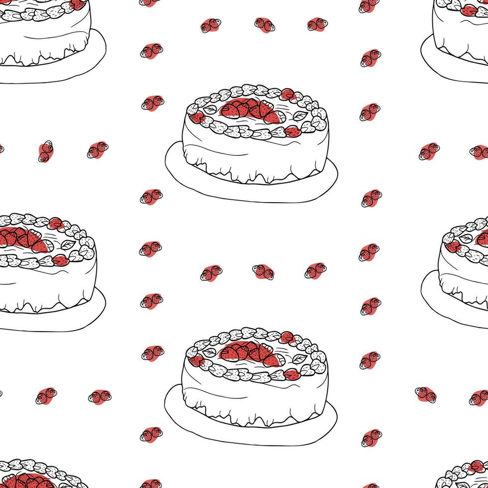 sans couture modèle avec fraise dessert. griffonnage main tiré fraise gâteau avec crème et baies dans une sans couture modèle sur une blanc Contexte vecteur