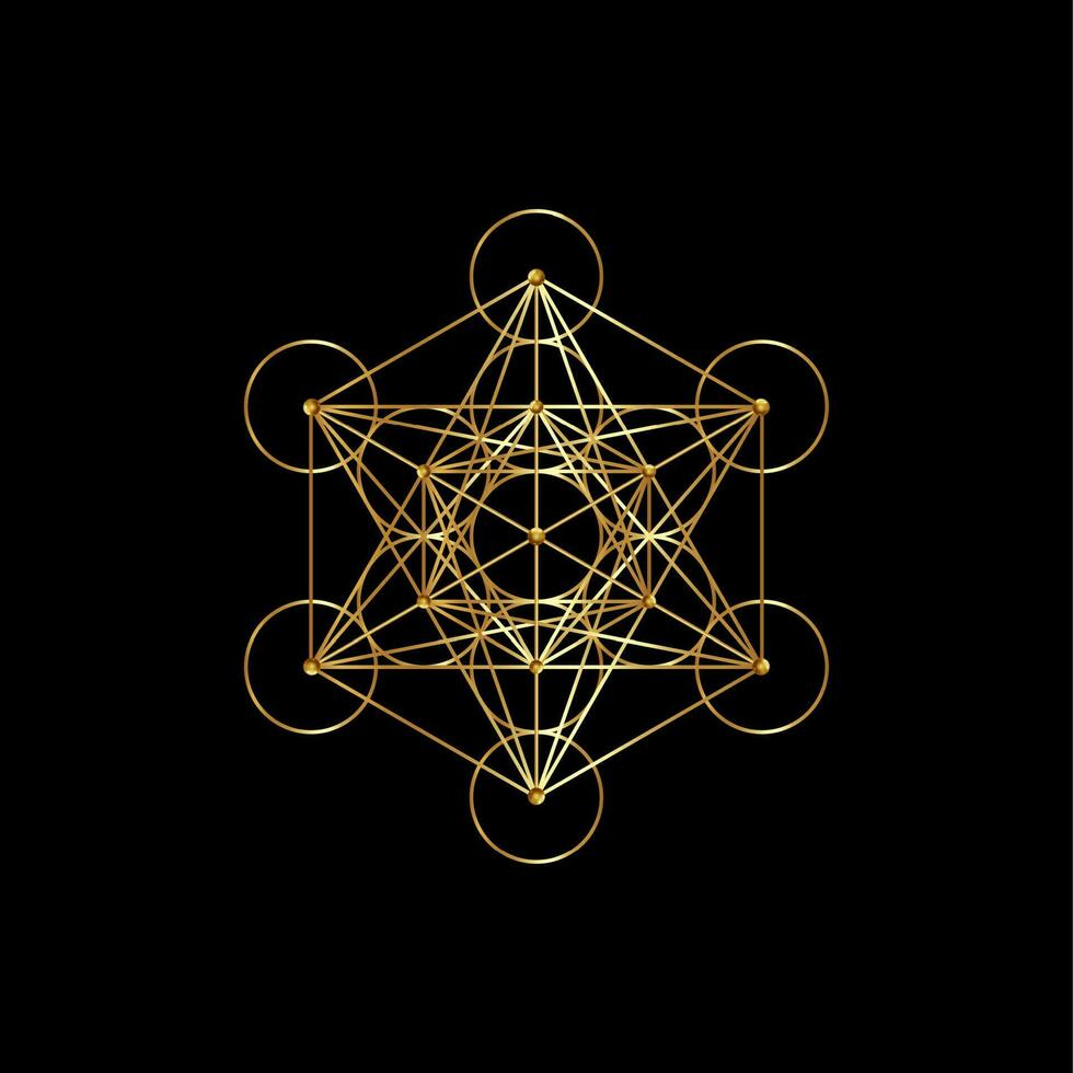 or métatrons cube, fleur de vie. sacré géométrie, d'or graphique élément vecteur isolé sur noir Contexte. mystique icône platonique solides, abstrait géométrique dessin, typique surgir cercles