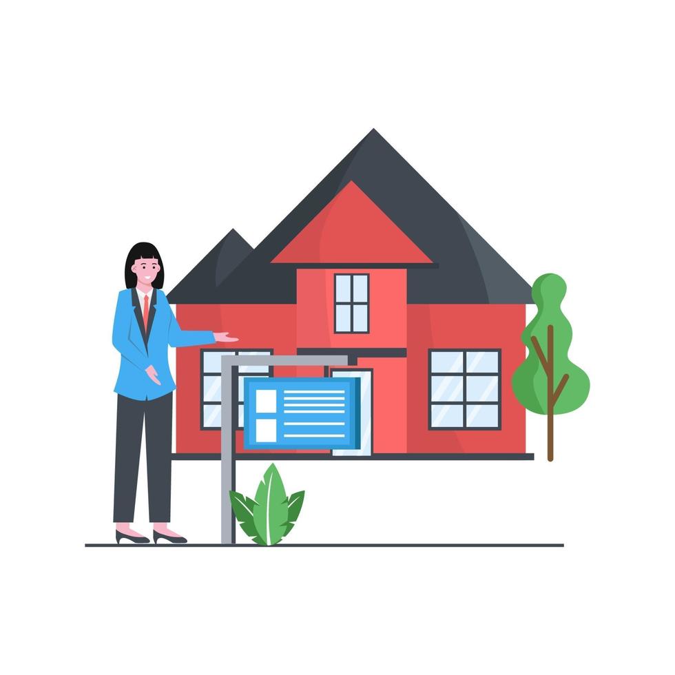 illustration vectorielle plane de la maison de propriété et des annonces immobilières affichent les vendeurs et les acheteurs vecteur