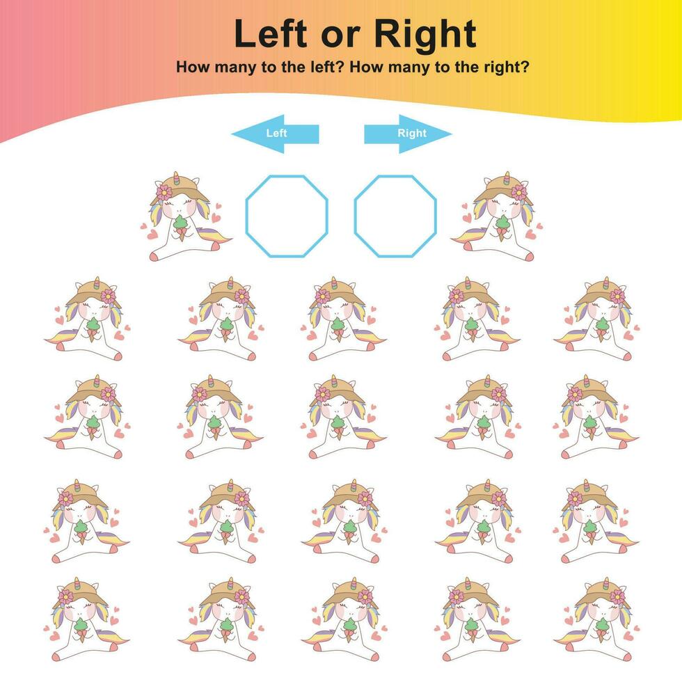 mathématique activité page. calculer et écrire le résultat. la gauche ou droite feuille de travail pour les enfants. compte licornes. éducatif imprimable mathématiques. vecteur déposer.
