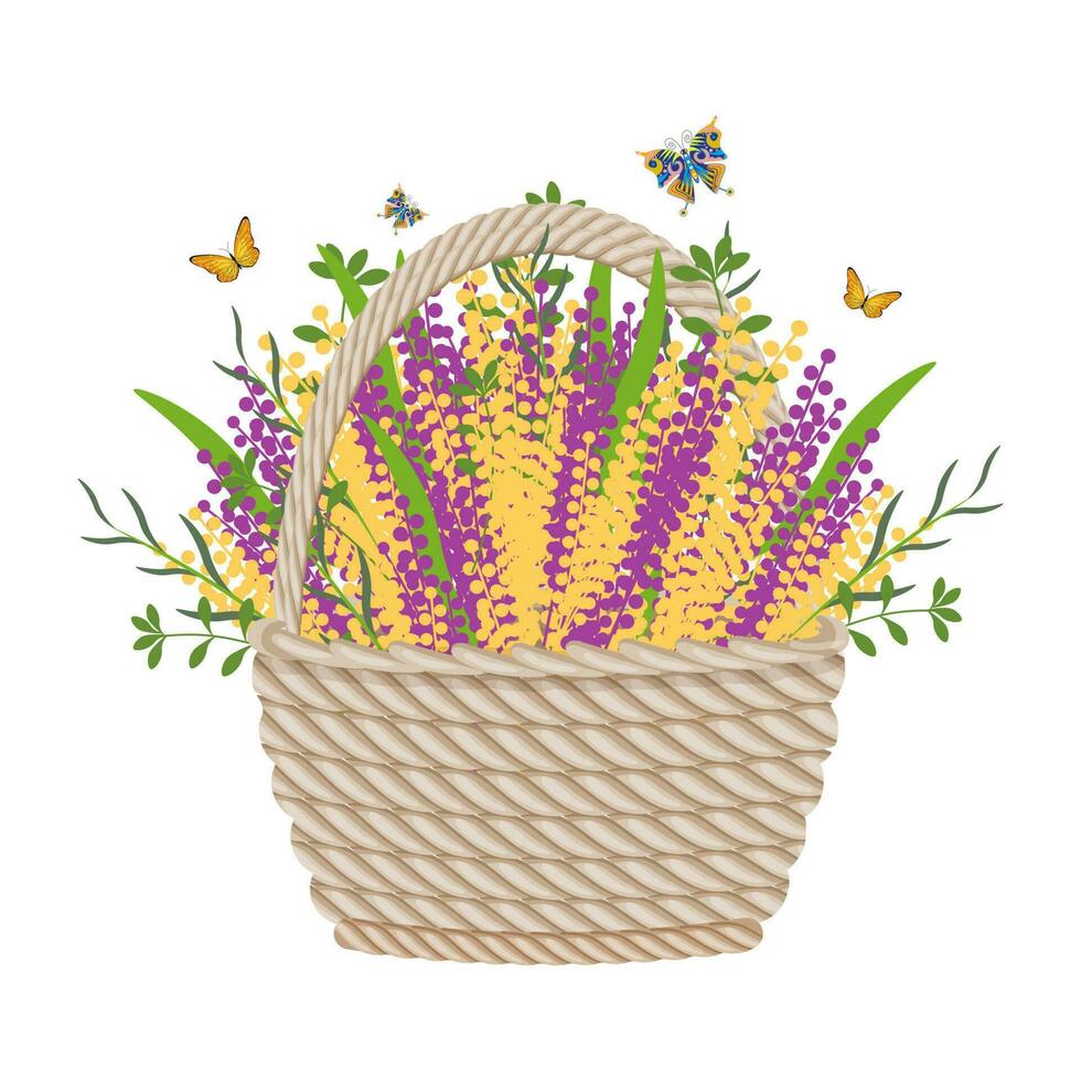 panier de fleurs avec papillons sur une blanc Contexte. printemps été illustration, vecteur