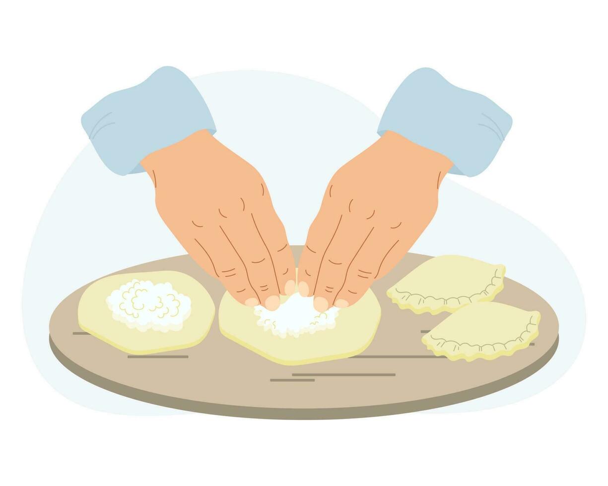 le travail de une cuisinier dans le cuisine. illustration de mains avec pâte. mains moule tartes, Dumplings. nourriture illustration, vecteur. vecteur