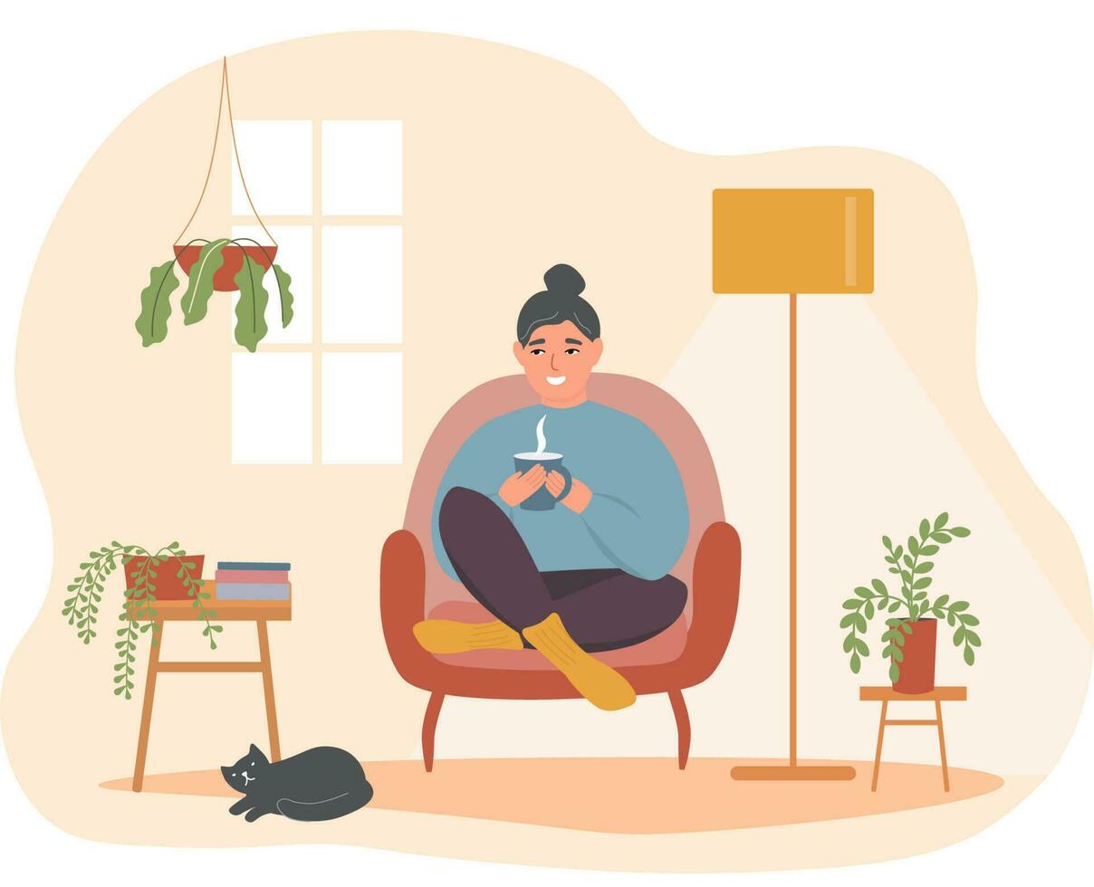 le fille est séance dans un fauteuil avec une tasse de thé dans sa mains. femmes est repos à Accueil dans confort avec une chat. vecteur graphique.