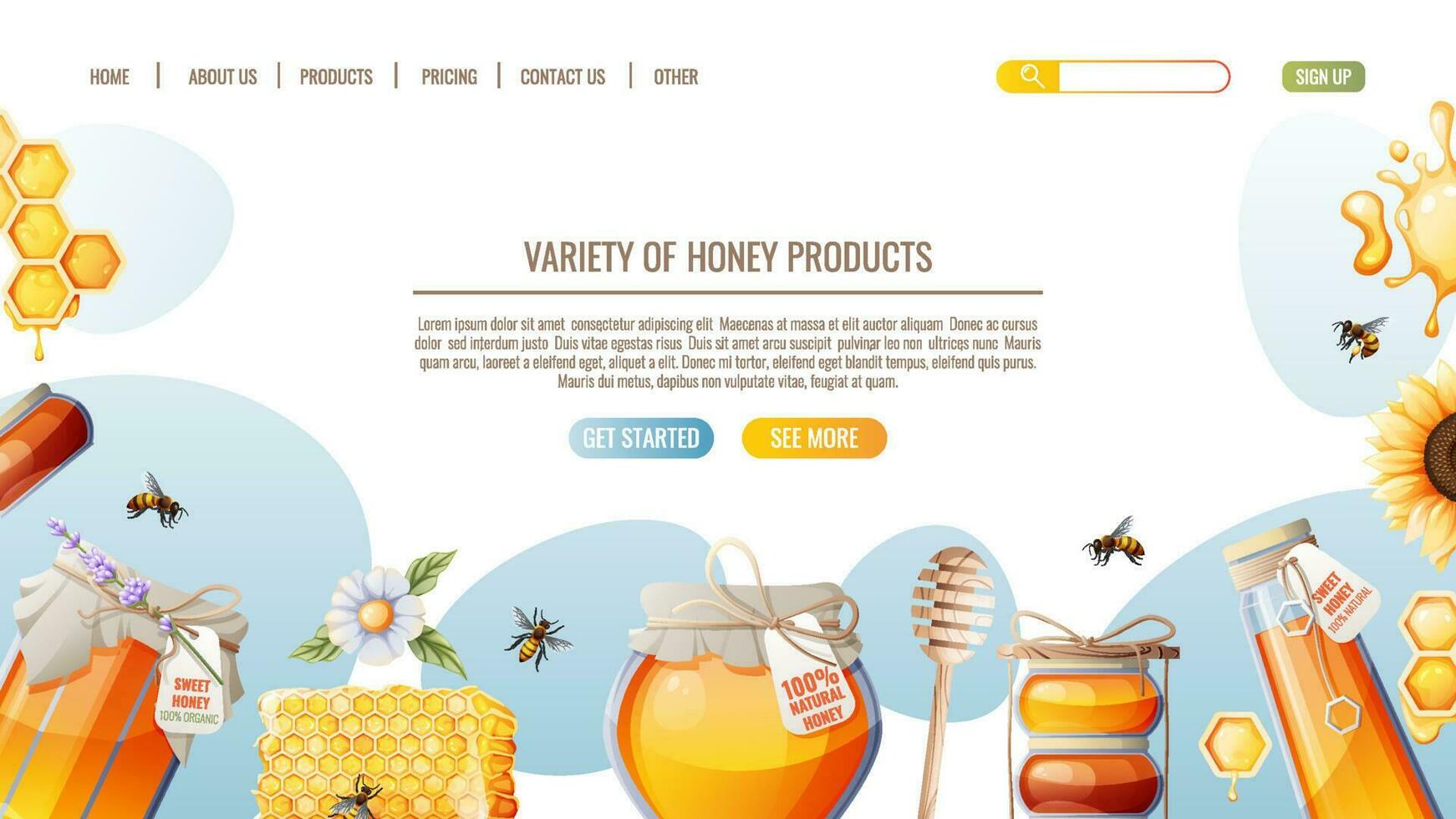 produits à base de miel. nids d'abeilles, pot de miel, abeilles. modèle de conception de page Web de magasin de miel. illustration vectorielle pour bannière, publicité, page web, couverture vecteur