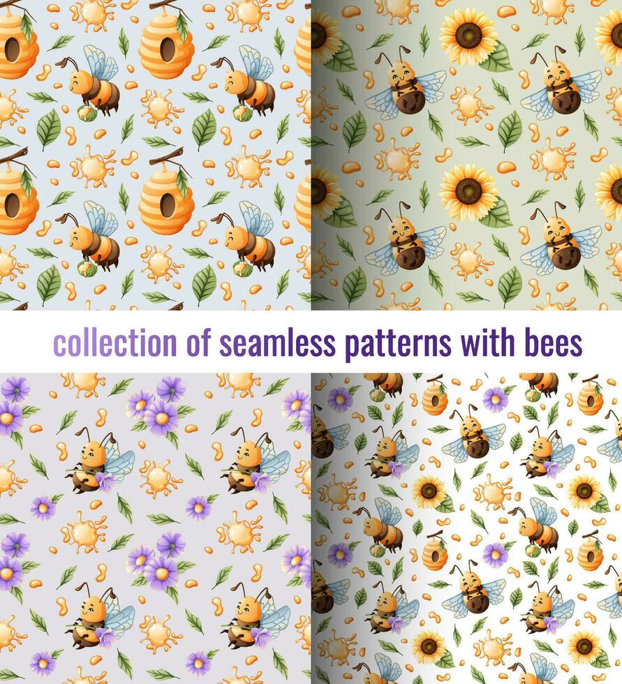 ensemble de sans couture motifs avec marrant les abeilles, fleurs, Miel. adapté pour les enfants s textile, vêtements, fond d'écran, papier vecteur