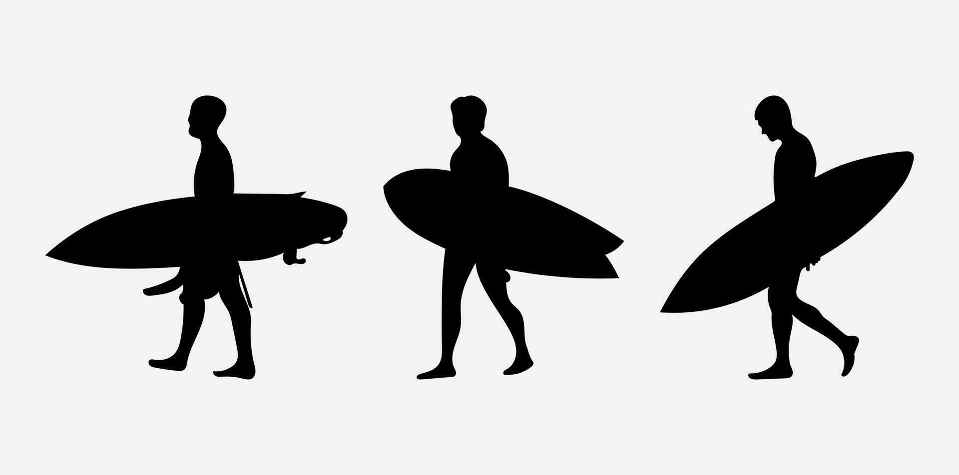 le silhouette de surfeurs avec leur planches. vecteur