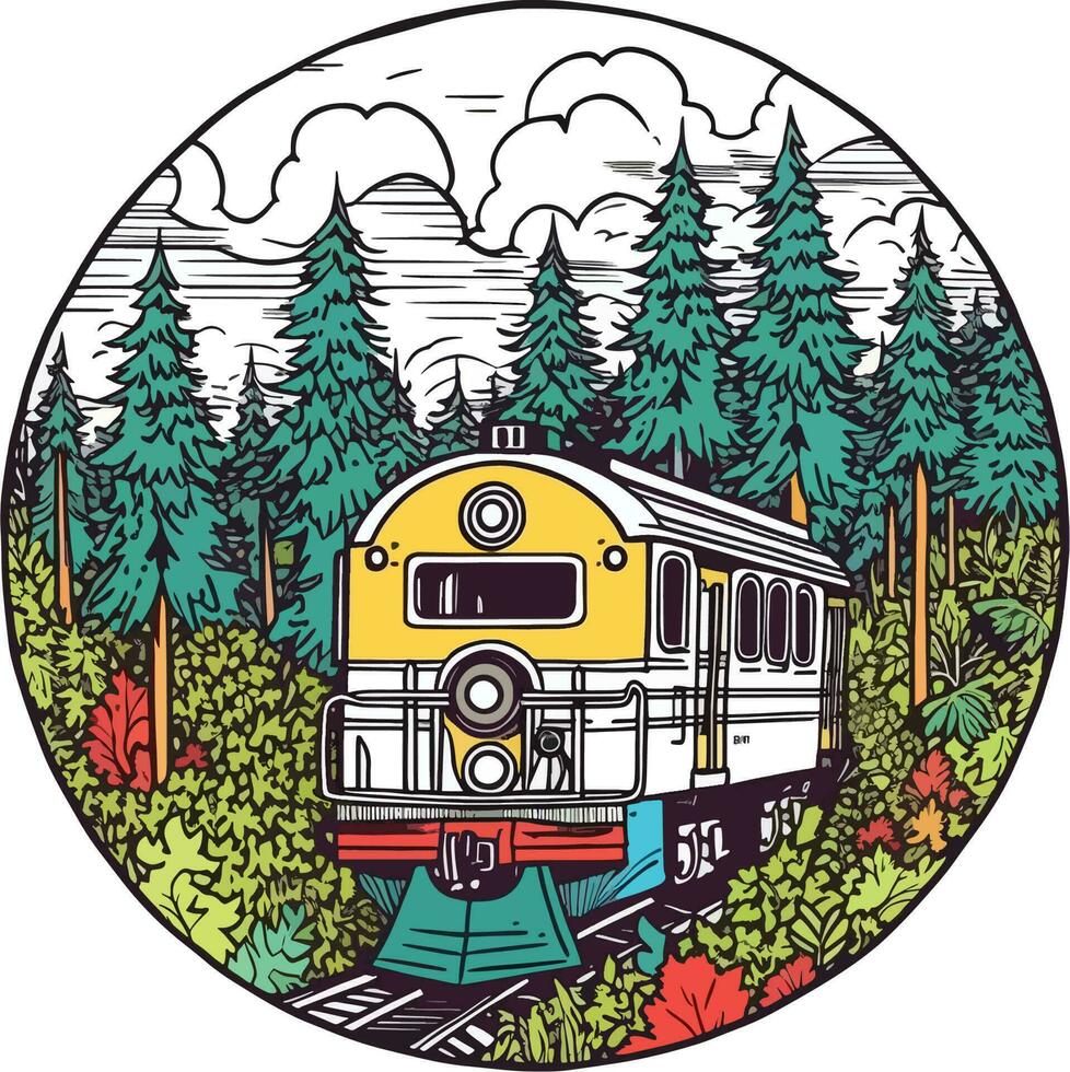 train dans de face de une forêt main tiré illustration, train main tiré illustration, t-shirts conception illustration vecteur