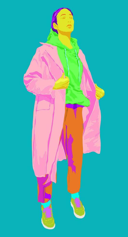 une fille dans brillant vêtements sur une turquoise Contexte dans une réaliste style pour impression et conception. vecteur illustration.