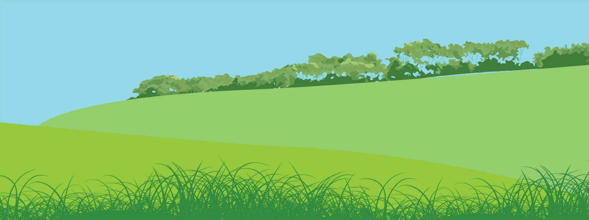 rural collines paysage vecteur Contexte sur blanche. pâturage herbe pour vaches. prés et des arbres. horizon.