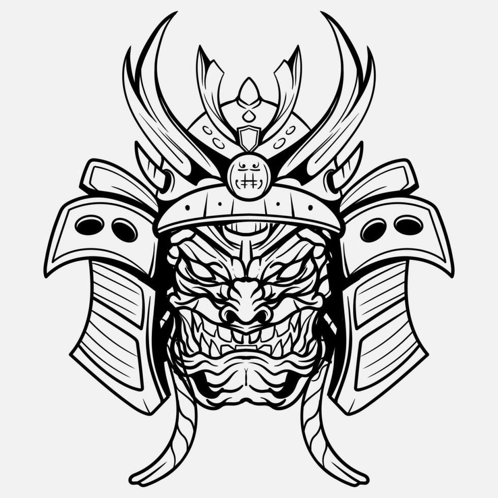 oni monstre masque japonais casque armée samouraï dans Cadre gravure ornement illustration noir et blanc tatouage et T-shirt vêtements vecteur