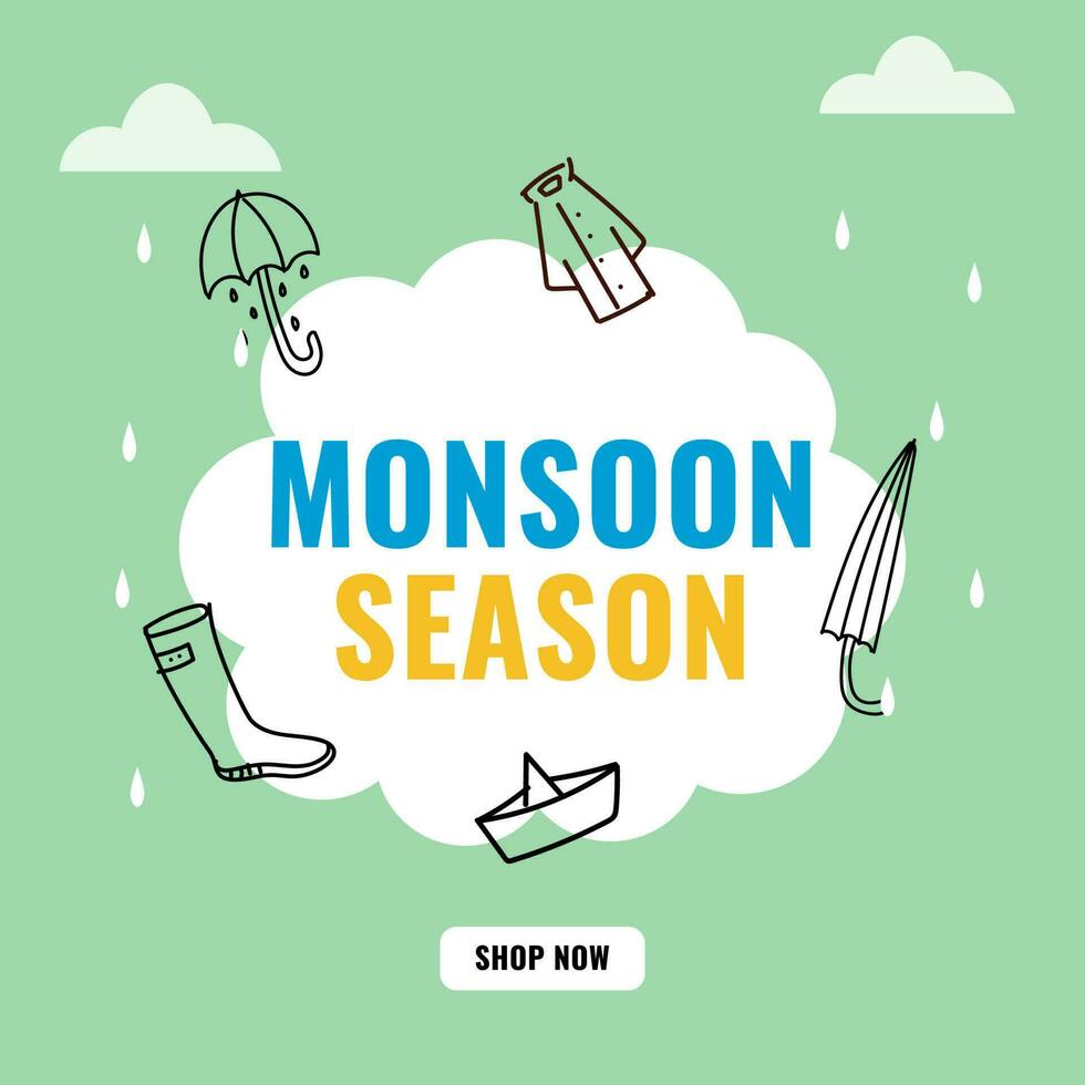 mousson saison vente affiche conception avec linéaire parapluie, imperméable, botte, papier bateau, gouttes sur blanc et vert Contexte. vecteur