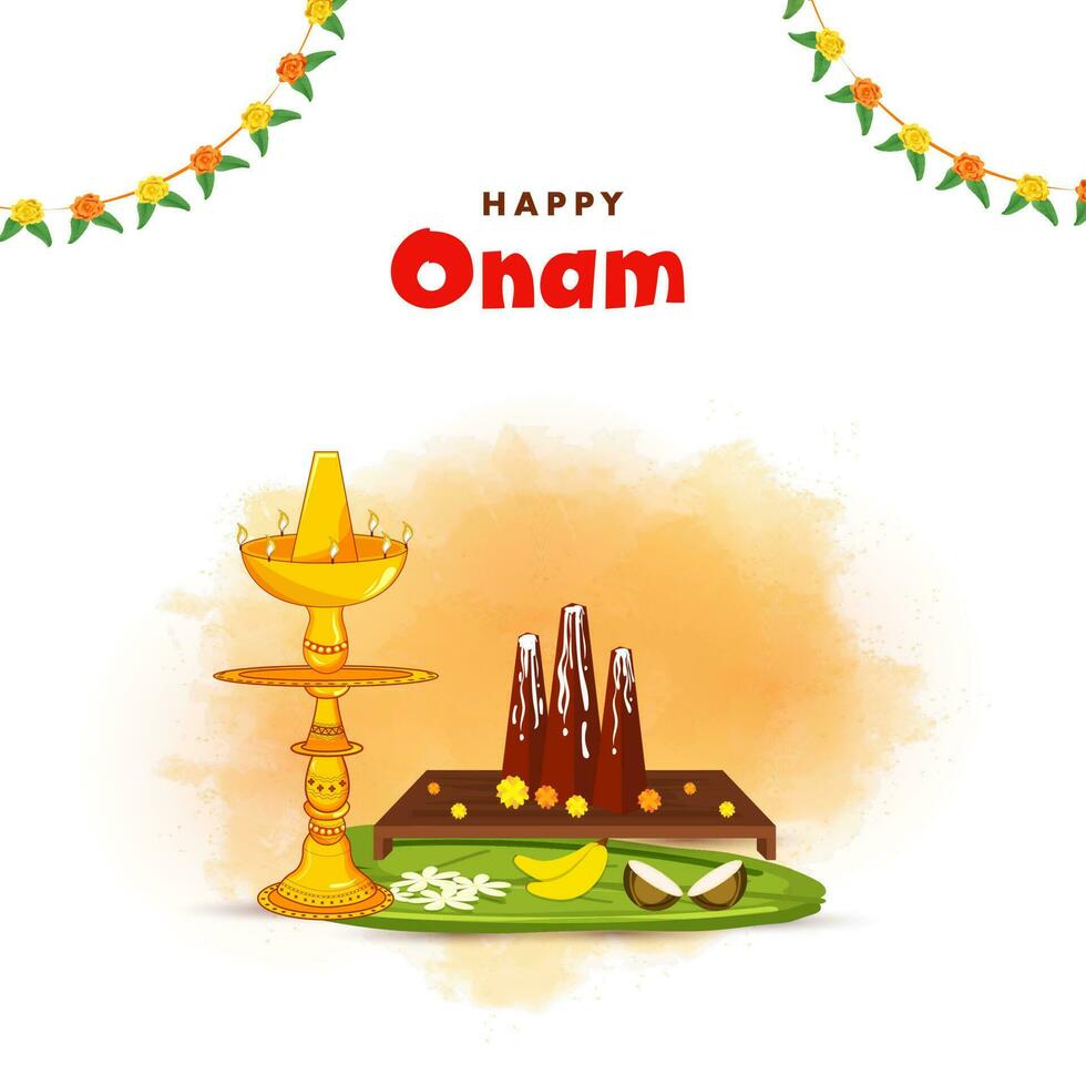 content onam fête concept avec trikkakara appan idole, des fruits, fleurs plus de banane feuilles, allumé pétrole les lampes supporter et Orange aquarelle effet sur blanc Contexte. vecteur