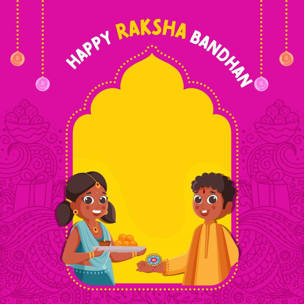 content raksha bandhan salutation carte avec Indien des gamins célébrer Festival de rakhi sur Jaune et rose paisley modèle Contexte. vecteur