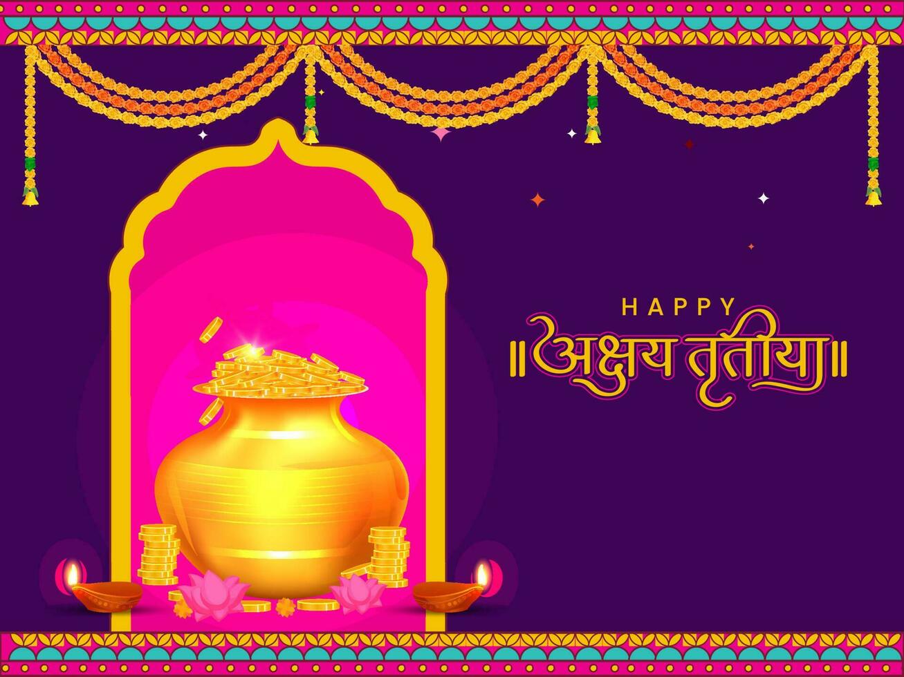 hindou Festival akshaya tritiya concept avec hindi écrit texte akshaya tritiya vœux avec d'or Kalash avec plein de or pièces de monnaie et ornements pour prière. vecteur