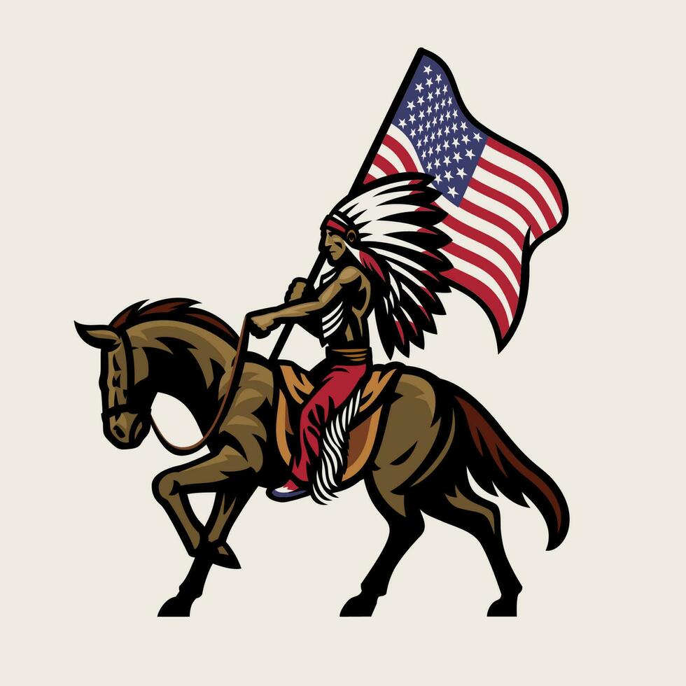 américain Indien chef équitation cheval et tenir le américain drapeau vecteur