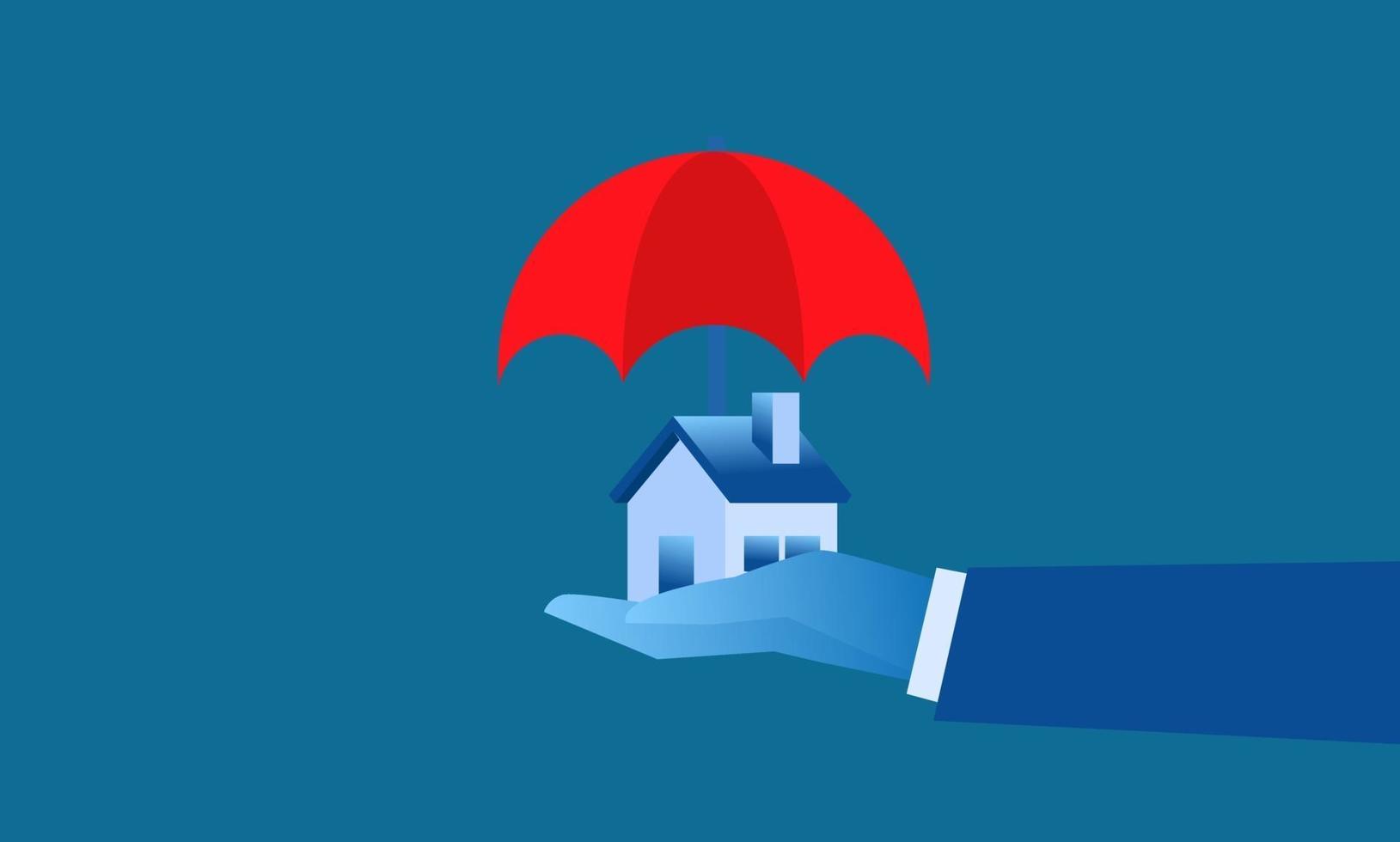 Illustration d'assurance simple protection de la maison grande main tenant un parapluie rouge pour protéger la petite maison vecteur