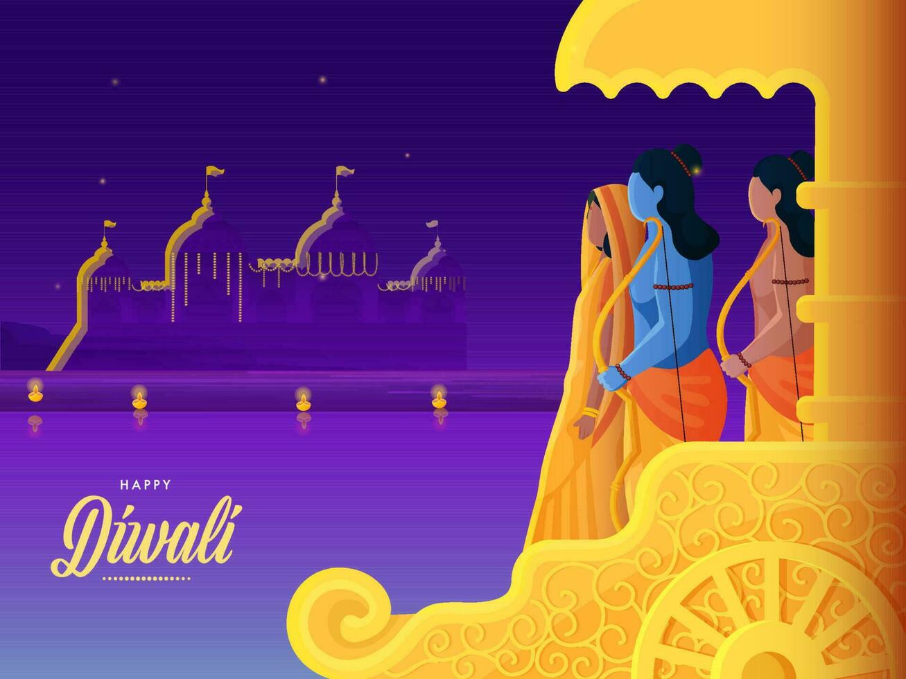 content diwali fête concept, Seigneur rama avec le sien épouse, frère sur violet ayodhya Contexte. vecteur