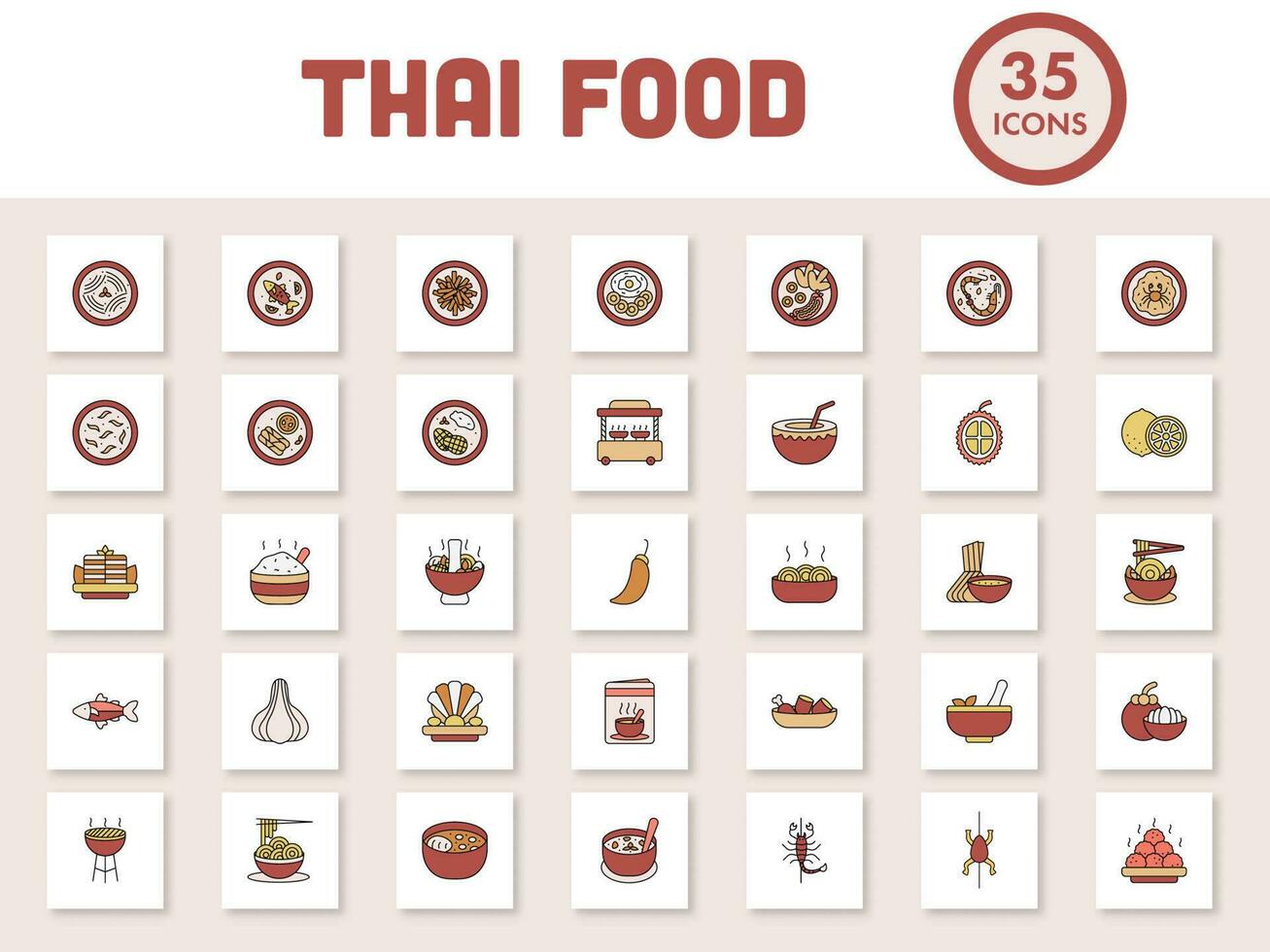 coloré thaïlandais nourriture carré icône ensemble dans plat style. vecteur