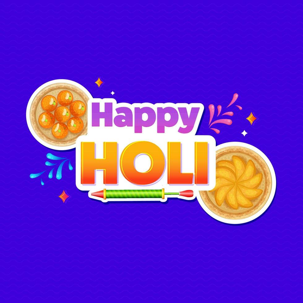 autocollant style content Holi Police de caractère avec Couleur pistolet et Haut vue de Indien bonbons assiette sur bleu Contexte. vecteur