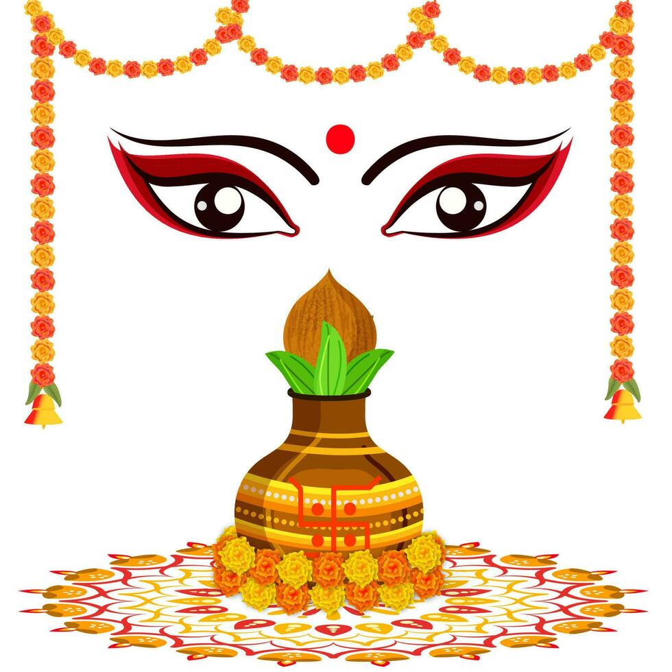 hindou mythologie déesse durga visage avec traditionnel pot plus de rangoli et souci guirlande sur blanc Contexte. vecteur