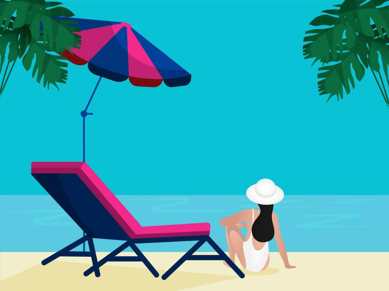 retour vue de femelle nageur séance à plage vue avec lit de bronzage, parapluie et des arbres pour heure d'été concept. vecteur