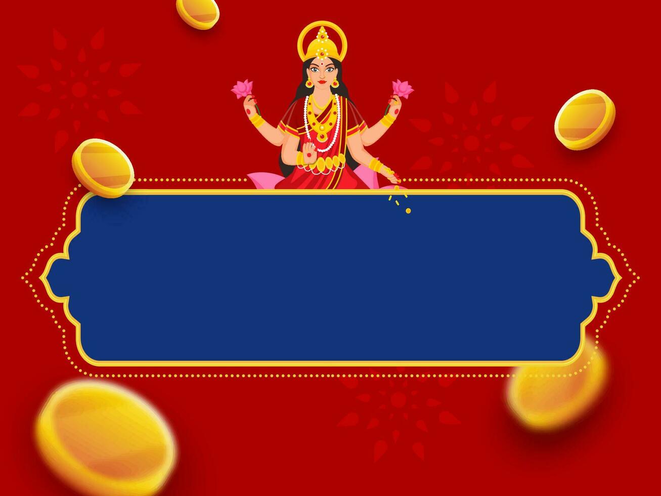 richesse déesse lakshmi personnage avec en volant d'or pièces de monnaie et copie espace sur bleu et rouge Contexte pour hindouisme Festival concept. vecteur