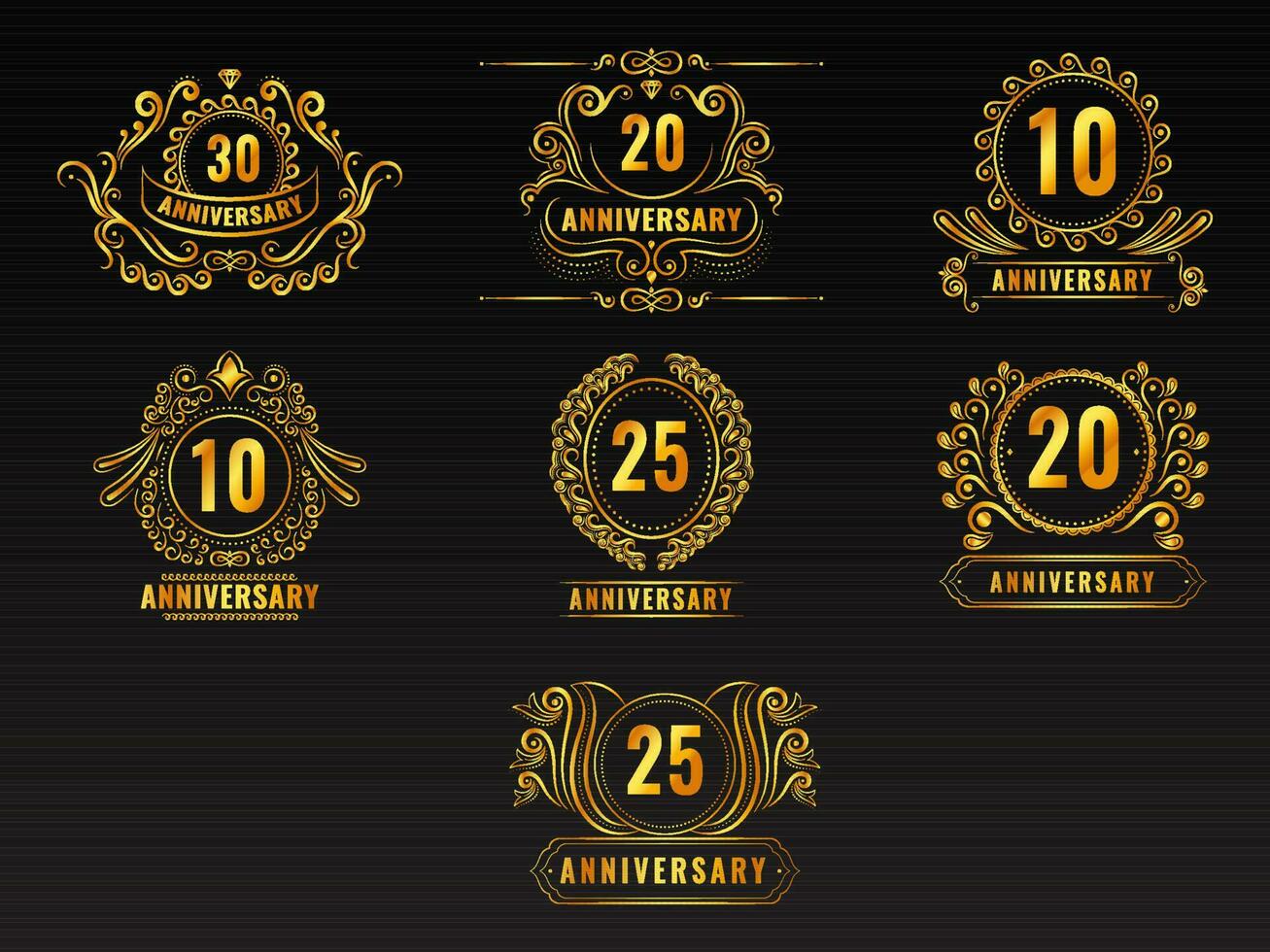 ensemble de d'or année anniversaire emblème logo sur noir Contexte. vecteur