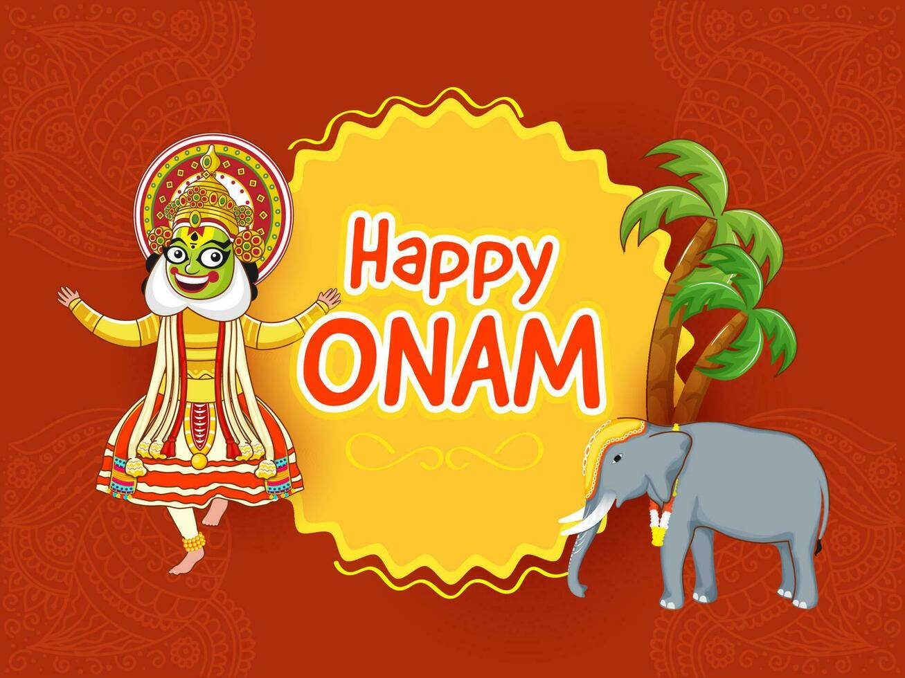 content onam fête concept avec Kathakali Danseur personnage, l'éléphant animal, noix de coco ou paume arbre sur Jaune et foncé Orange paisley modèle Contexte. vecteur