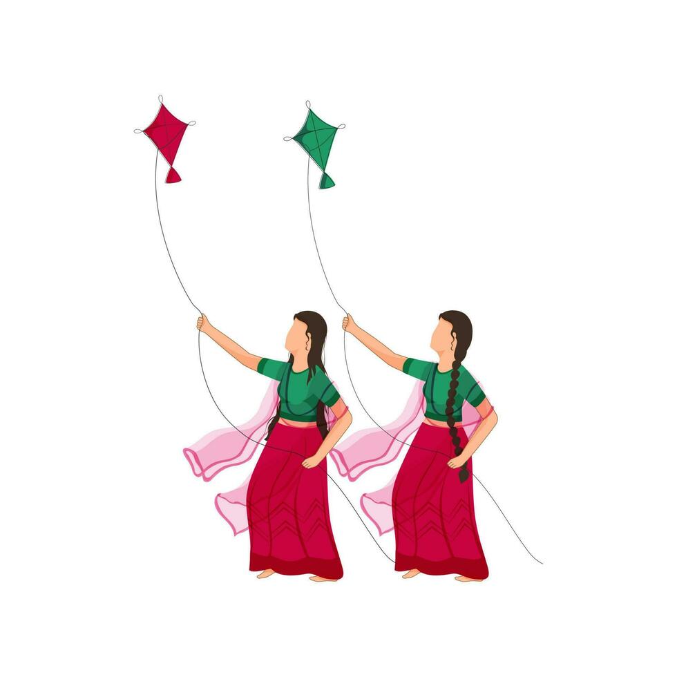 dessin animé Indien Jeune les filles en volant cerfs-volants sur blanc Contexte. vecteur