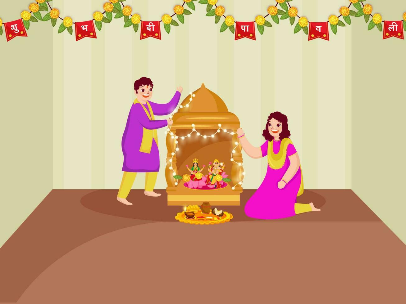Indien garçon et fille décorer temple de Seigneur ganesha avec lakshmi pour content diwali fête concept. vecteur