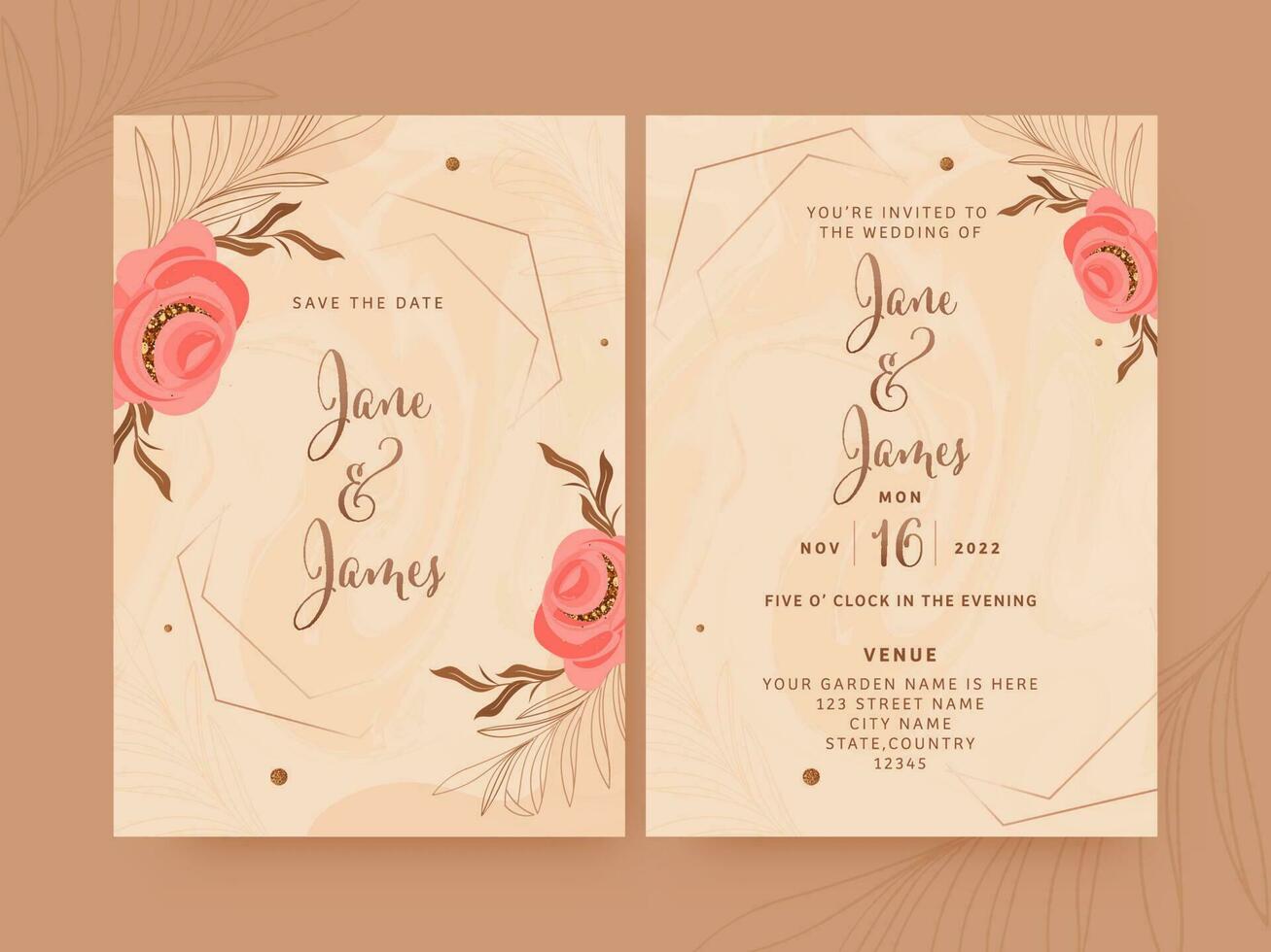 mariage invitation cartes décoré avec floral et un événement détails. vecteur