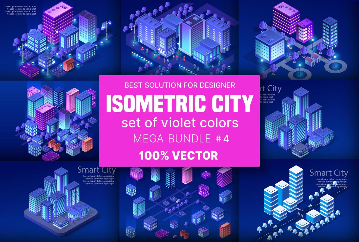 Ville isométrique ultraviolette définie la ville de quartier de bloc de module 3d avec un gratte-ciel de construction de route de rue de l'infrastructure urbaine de l'architecture vectorielle. illustration lumineuse moderne pour la conception de jeux vecteur