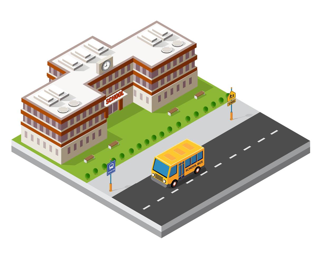 école bâtiment isométrique étude éducation infrastructure urbaine pour illustration vectorielle de conception conceptuelle avec des maisons et des rues. vecteur
