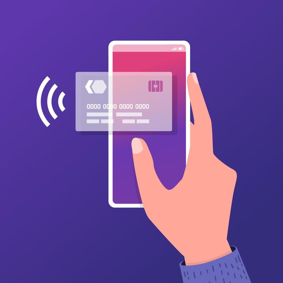 main tenant le smartphone avec carte de crédit à l'écran. paiement mobile transfert d'argent bancaire en ligne. vecteur