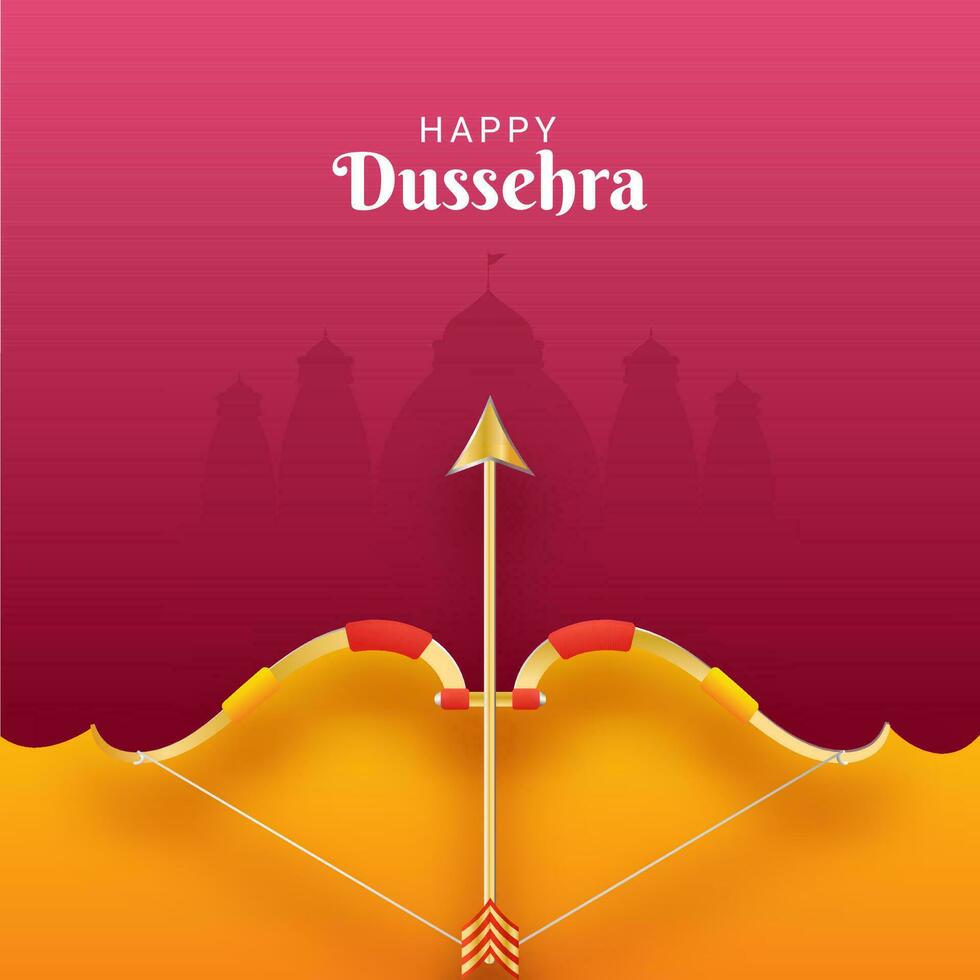 content dussehra fête affiche conception avec d'or arc, La Flèche sur Jaune et rose silhouette ayodhya vue ou temple Contexte. vecteur