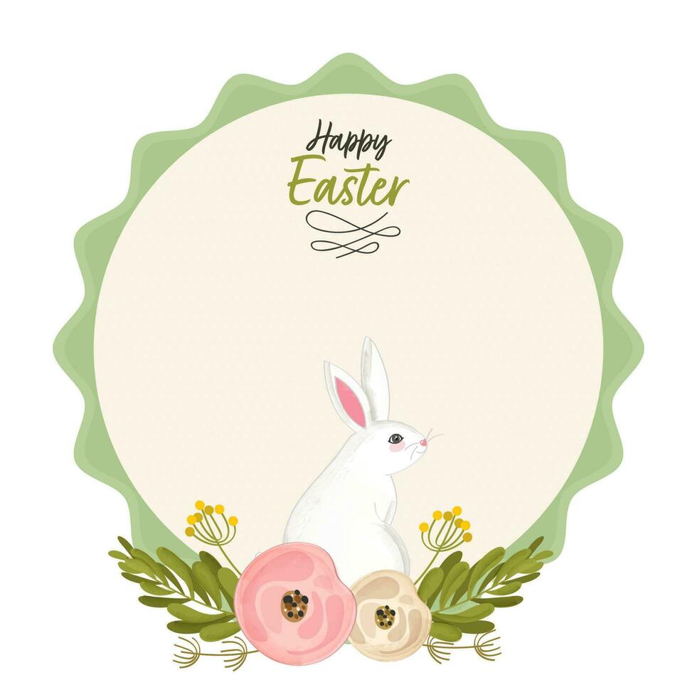 content Pâques affiche conception avec griffonnage mignonne lapin, floral sur circulaire Cadre blanc Contexte. vecteur