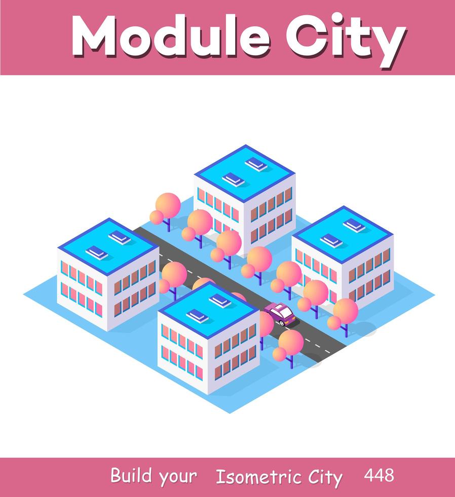 module 3d isométrique quartier de bloc partie de la ville avec une route de rue de l'infrastructure urbaine de l'architecture vectorielle illustration blanche moderne pour la conception de jeux vecteur