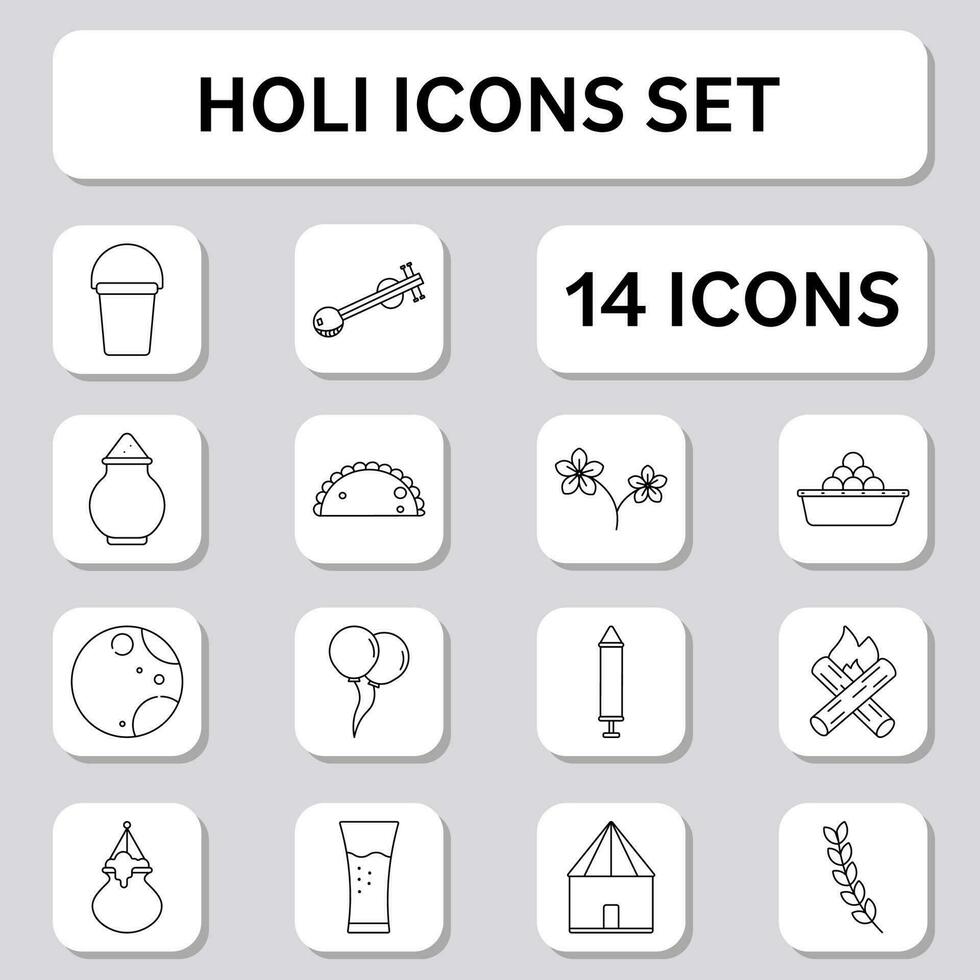 14 Festival de Couleur Holi noir contour icône ensemble sur blanc carré Contexte. vecteur