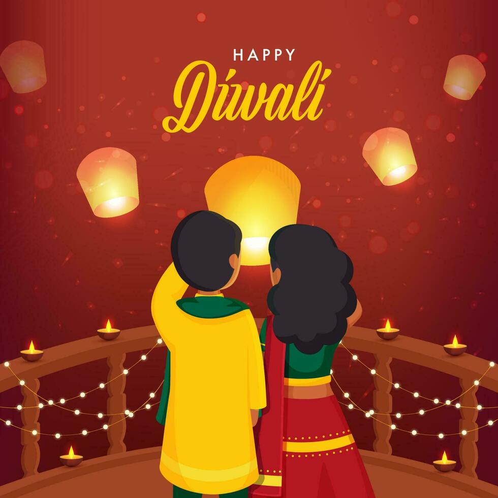 content diwali fête Contexte avec retour vue de des gamins en portant ciel lanterne à balcon. vecteur