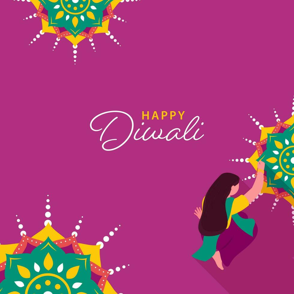 content diwali salutation carte avec Jeune fille fabrication rangoli sur foncé magenta Contexte. vecteur