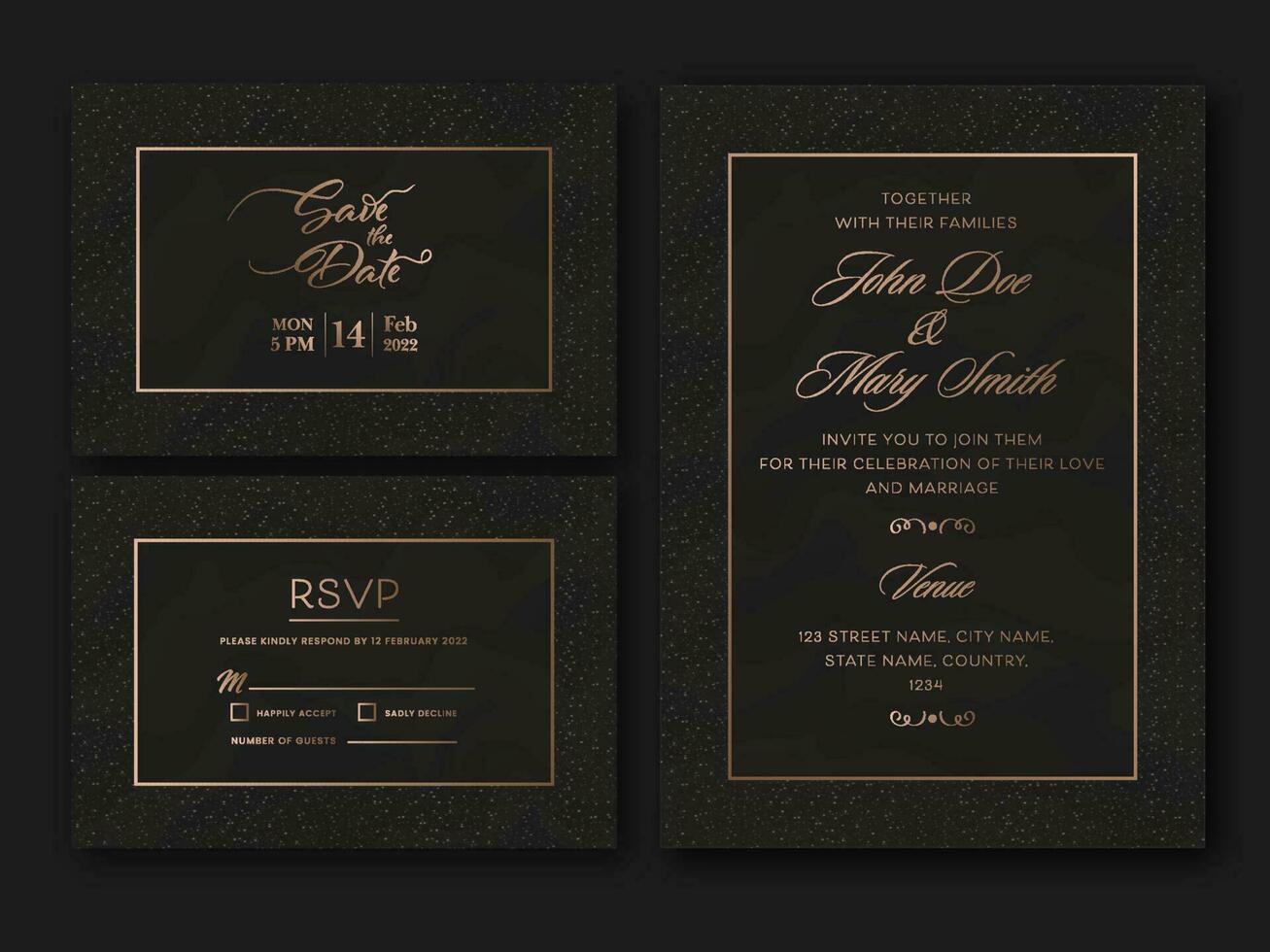 mariage invitation carte suite comme enregistrer le date, RSVP modèle disposition avec lumière effet dans noir couleur. vecteur