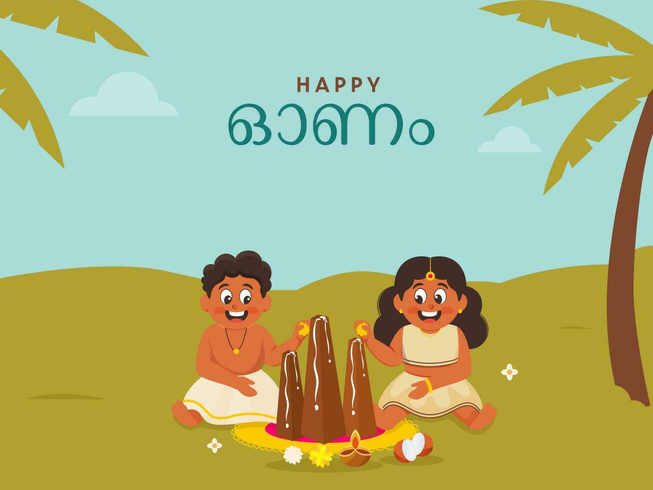 content onam fête concept avec Sud Indien des gamins adorer trikkakara appan idole, allumé pétrole lampe sur vert et bleu Contexte. vecteur