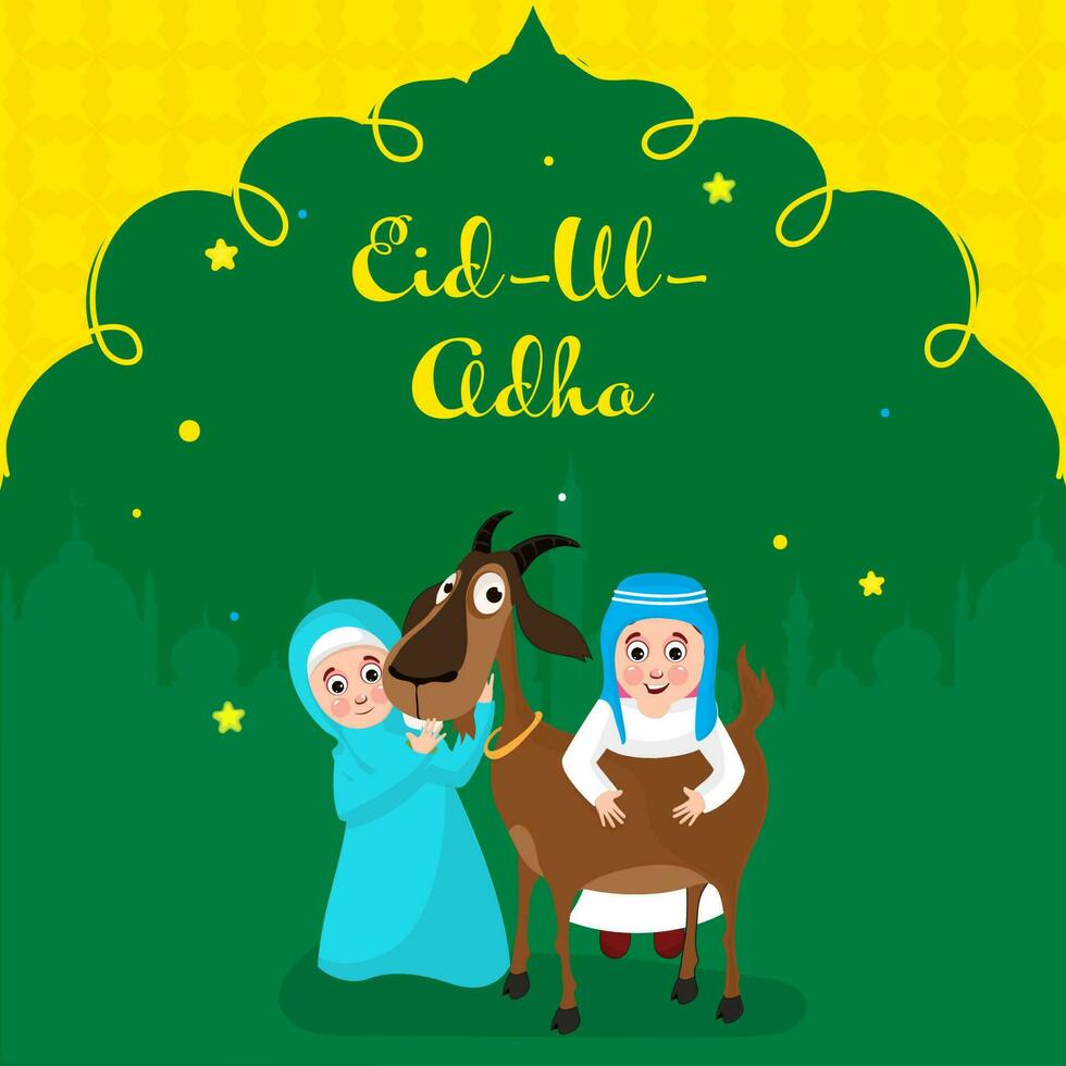 eid-ul-adha salutation carte avec de bonne humeur islamique des gamins en portant chèvre sur Jaune et vert silhouette mosquée Contexte. vecteur